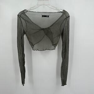 Dazy‎ Womens Mesh Cropped Top Size M Gray Sparkle Twist Front Sheer Festival
